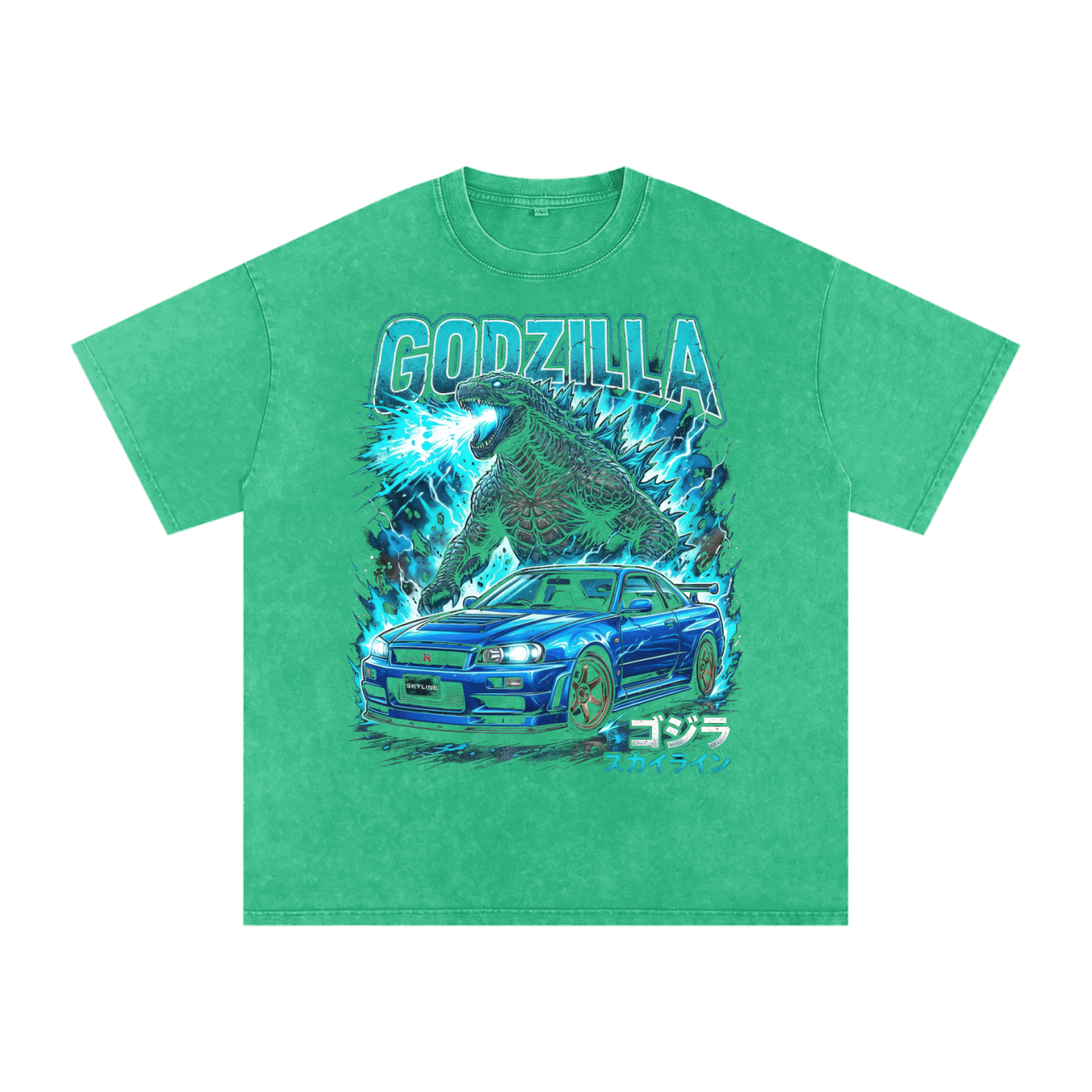 Godzilla x Nissan Skyline GT-R R34 Graphic Unisex Washed Oversized T-Shirt – Streetwear JDM Tee